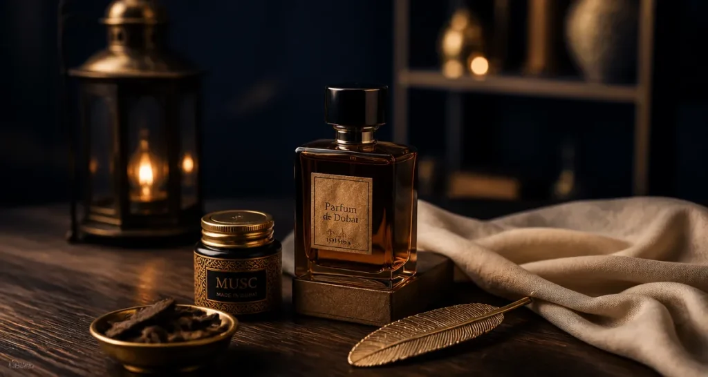 Parfum de dubai : flacon ambré, musc et bakhour sur table bois sombre