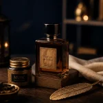 Parfum de dubai : flacon ambré, musc et bakhour sur table bois sombre