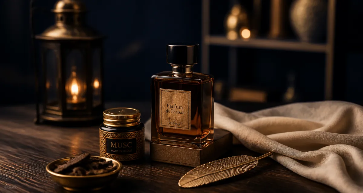 Parfum de dubai : flacon ambré, musc et bakhour sur table bois sombre