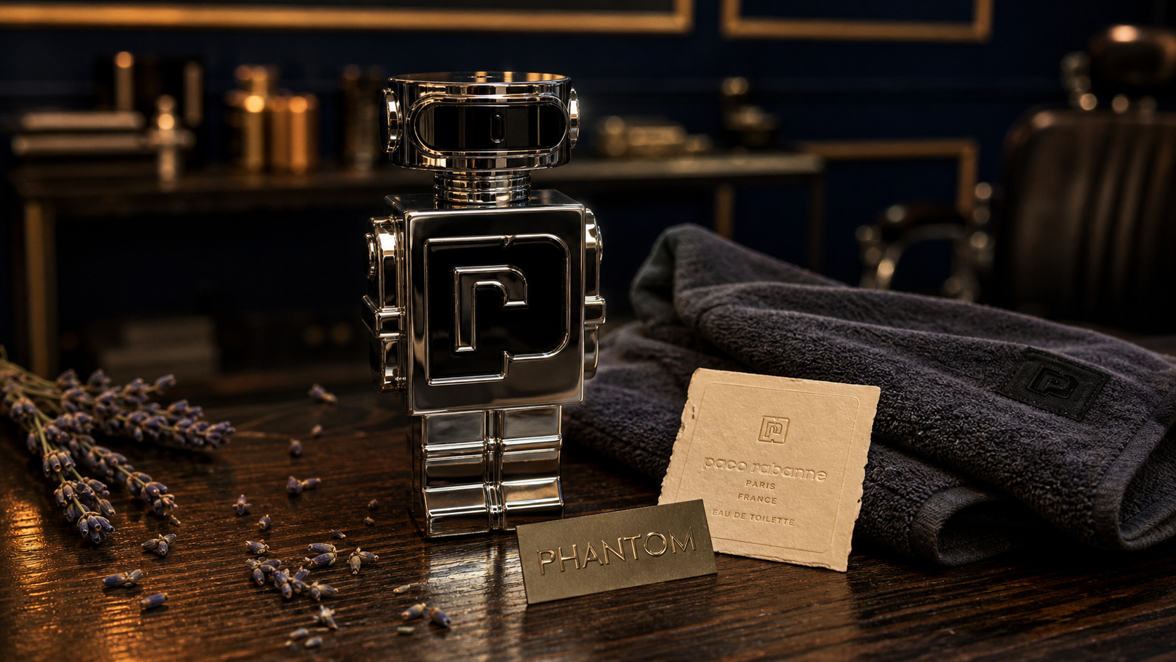 Parfum phantom homme Rabanne : flacon chromé sur comptoir bois sombre