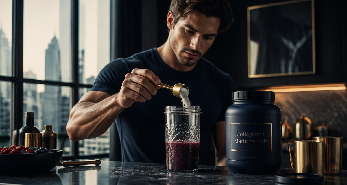 quand prendre le collagene matin ou soir, homme prépare smoothie collagène