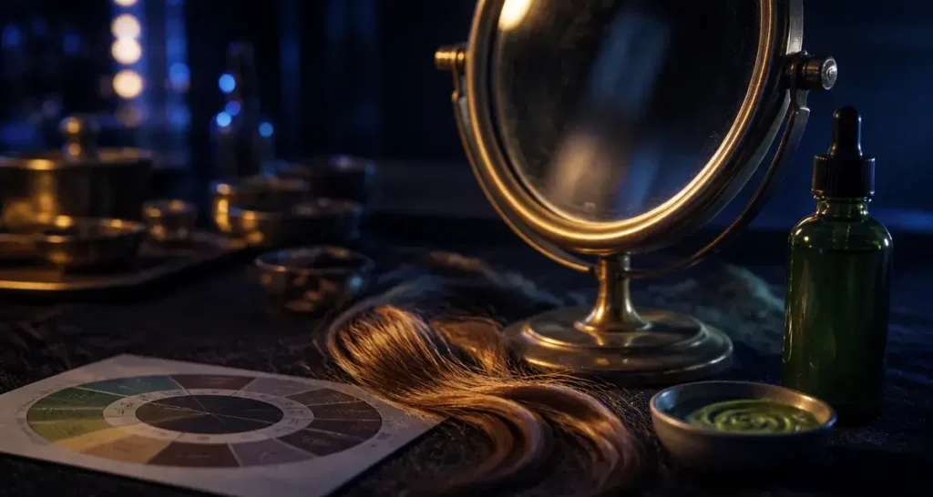 Reflets rouge cheveux sur une mèche cuivrée au miroir de barbier