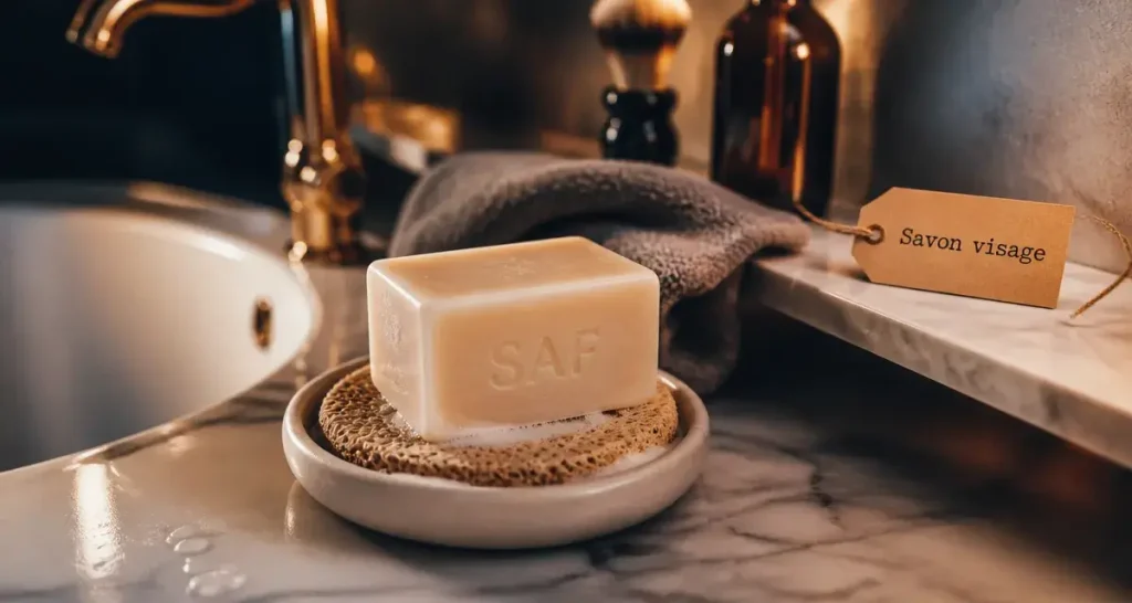 Savon nettoyage visage sur porte-savon, soin visage sans agresser la peau