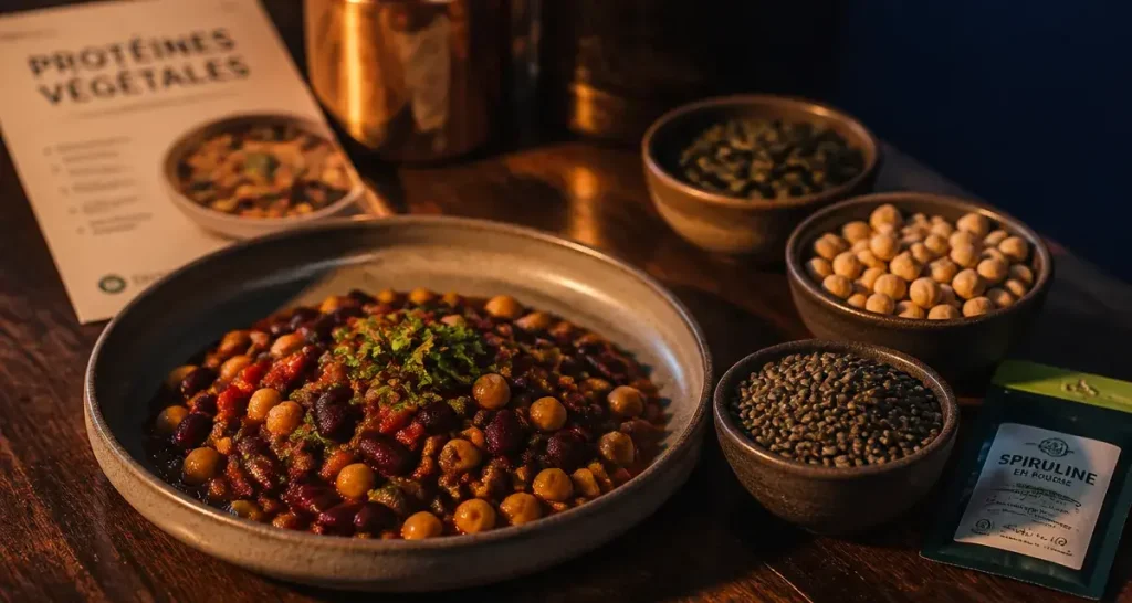 Sources de proteines vegetales : chili aux haricots, lentilles et pois chiches