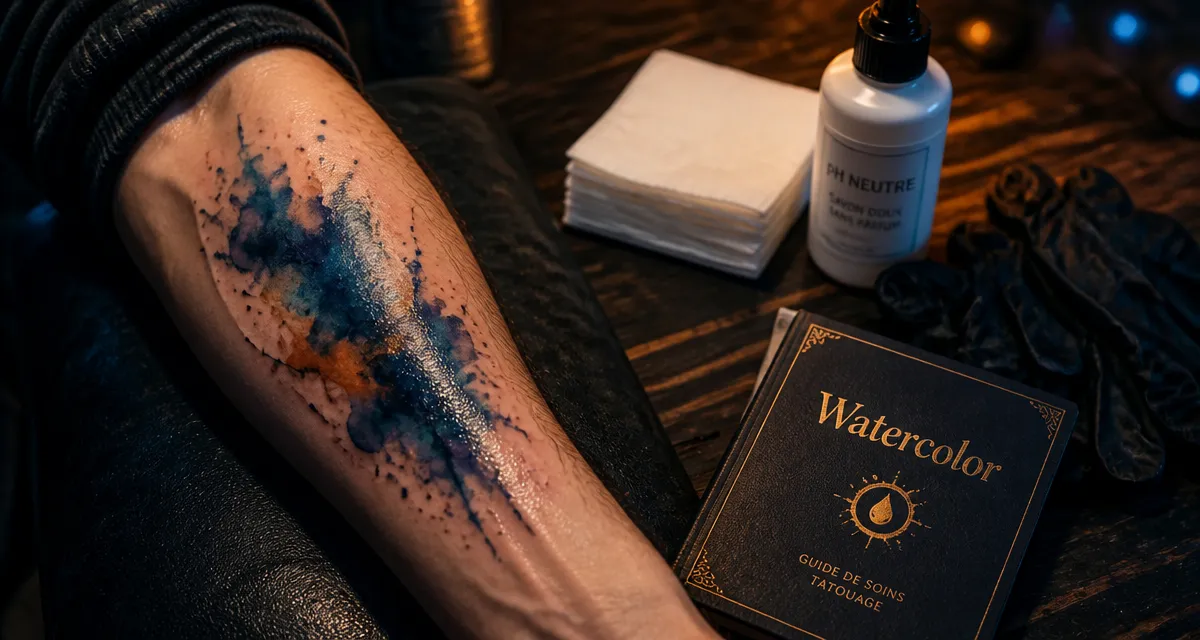 Tatouage aquarelle sans contours : pigments qui diffusent en lavis
