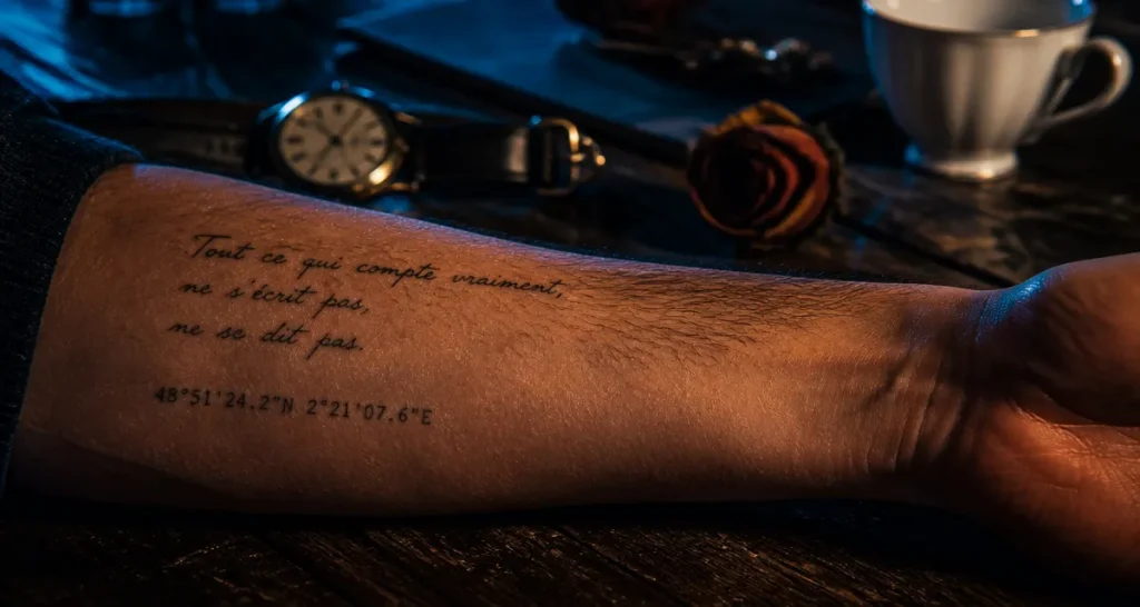 Tatouage hommage écriture manuscrite et coordonnées GPS sur avant-bras