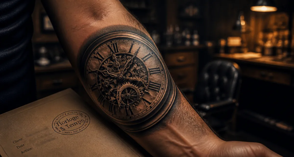 Tatouage horloge réaliste noir et gris, engrenages et chiffres romains