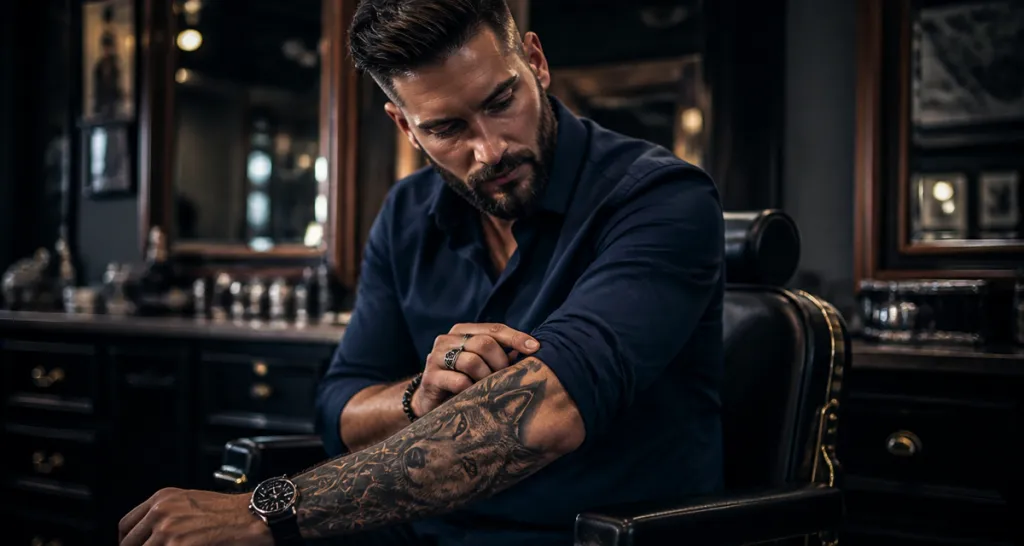 tatouage loup réaliste géométrique sur avant-bras