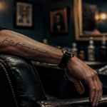 tatouage phrase fine line avant-bras masculin