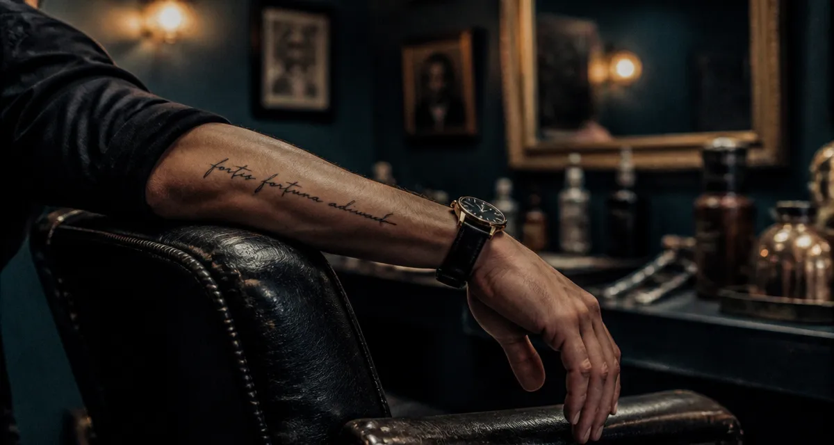 tatouage phrase fine line avant-bras masculin