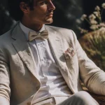 Tenue mariage homme été : costume en lin beige élégant, jardin ombragé