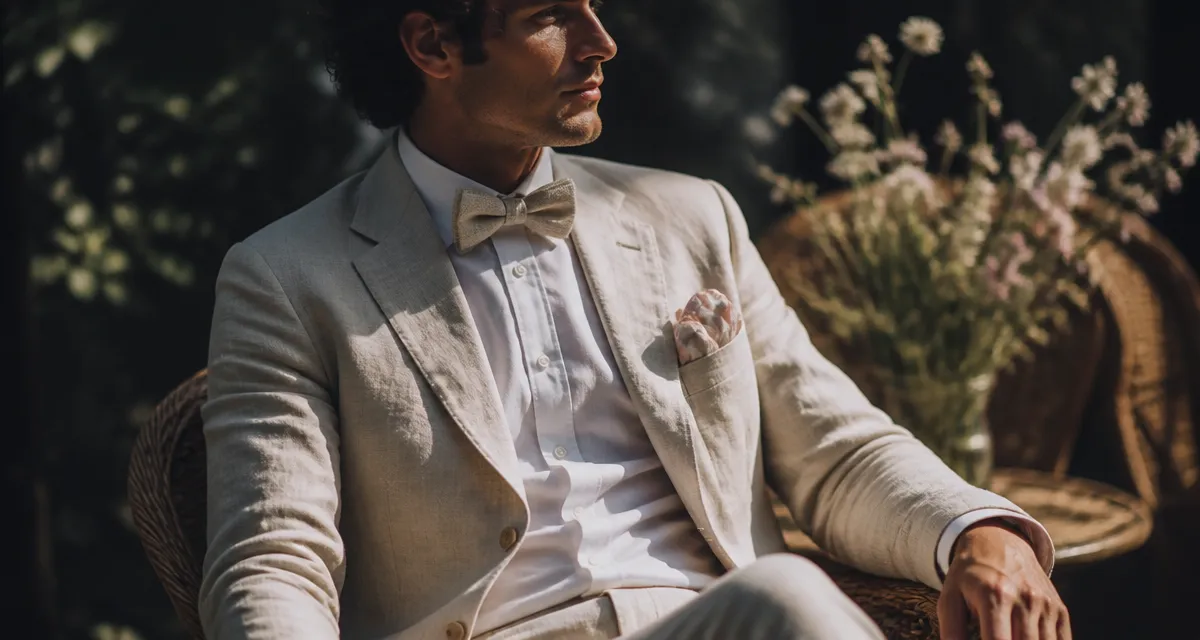Tenue mariage homme été : costume en lin beige élégant, jardin ombragé