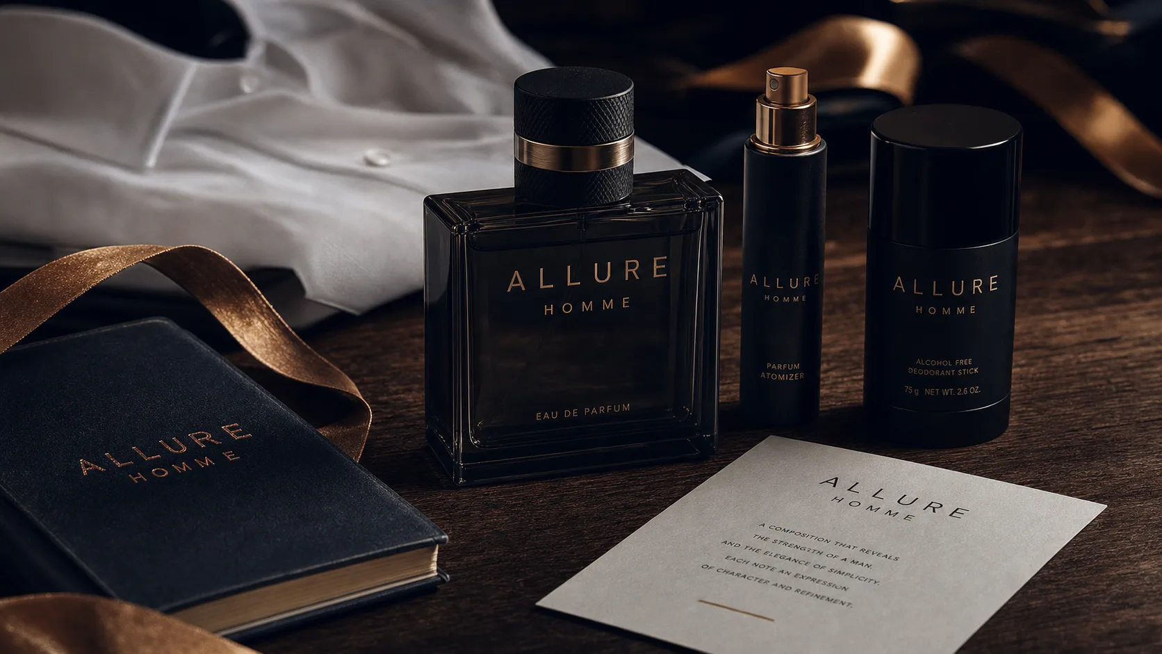 Allure parfum homme Chanel : flacon sur table, vue éditoriale