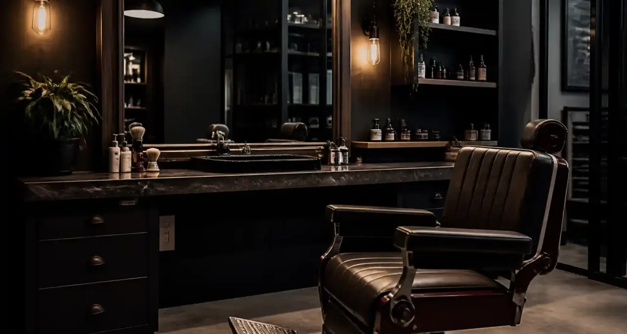 Intérieur de barbershop moderne avec fauteuil en cuir et outils de coiffure