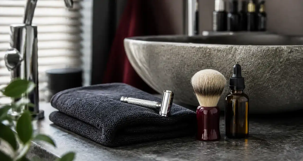 Routine de soin masculin avec rasoir, blaireau et huile de barbe