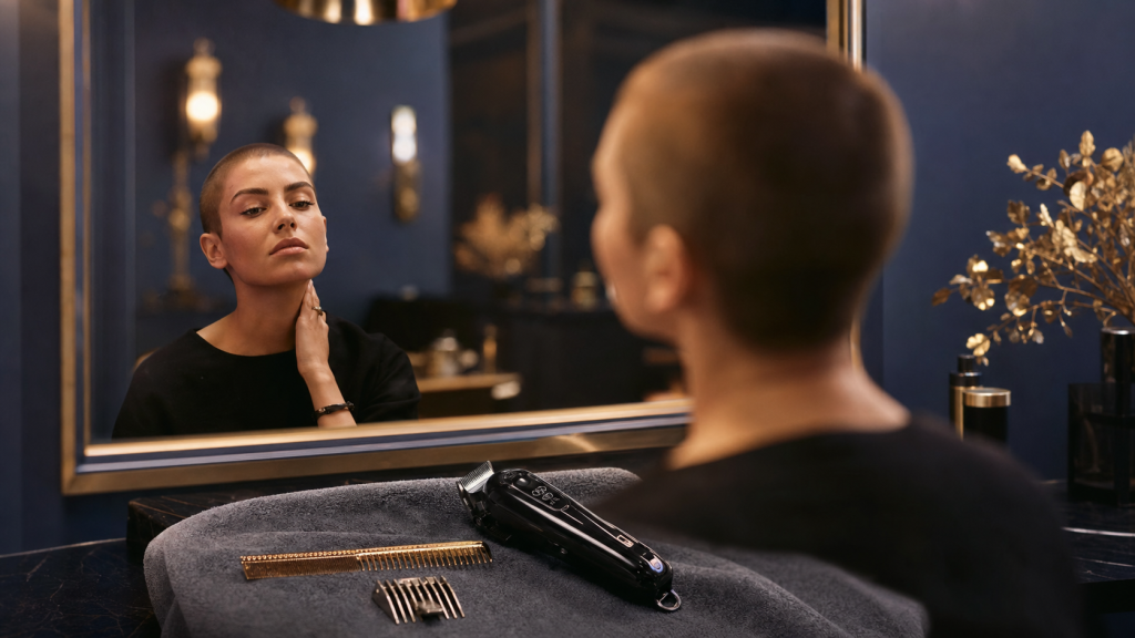 Buzz cut femme : tondeuse pro près du miroir