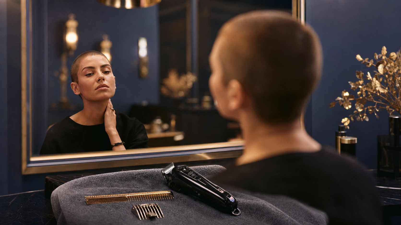 Buzz cut femme : tondeuse pro près du miroir