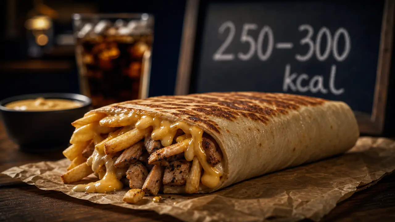 Calorie tacos 1 viande : 250–300 kcal, tacos géant avec frites et sauce