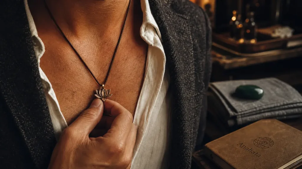 Chakra du cœur bloqué symptômes : pendentif lotus sur la poitrine