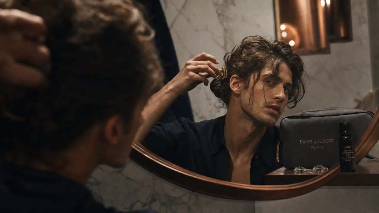 Coiffures cheveux mi longs faciles : chignon flou homme en salle de bain