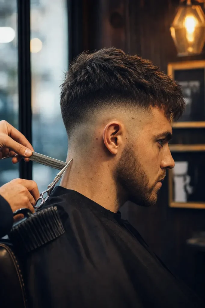 Coupe burst fade : dégradé circulaire autour de l’oreille