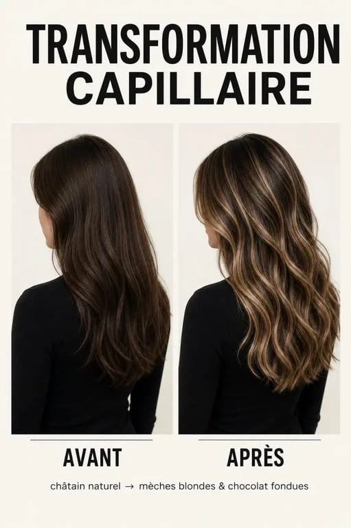 Inspiration blonde meche chocolat sur cheveux mi-longs avec rendu avant/après