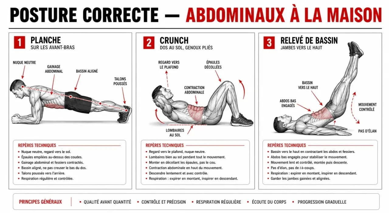 Schéma des exercices abdos maison pour une exécution correcte