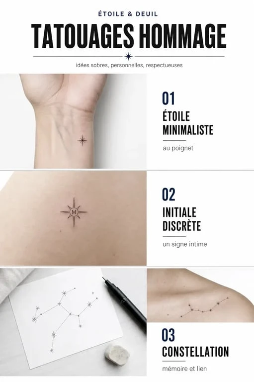 Tatouage étoile décès : trois idées minimalistes d’hommage avec une étoile, une initiale et une constellation discrète