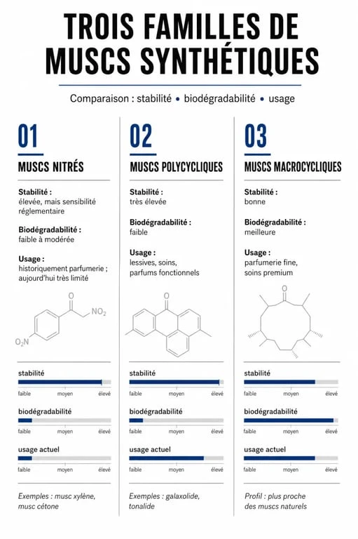 Infographie comparative des trois familles de muscs blancs synthétiques en parfumerie