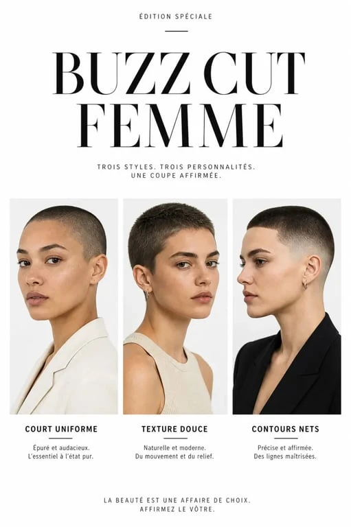 Buzz cut femme : inspiration de trois styles sur visages différents