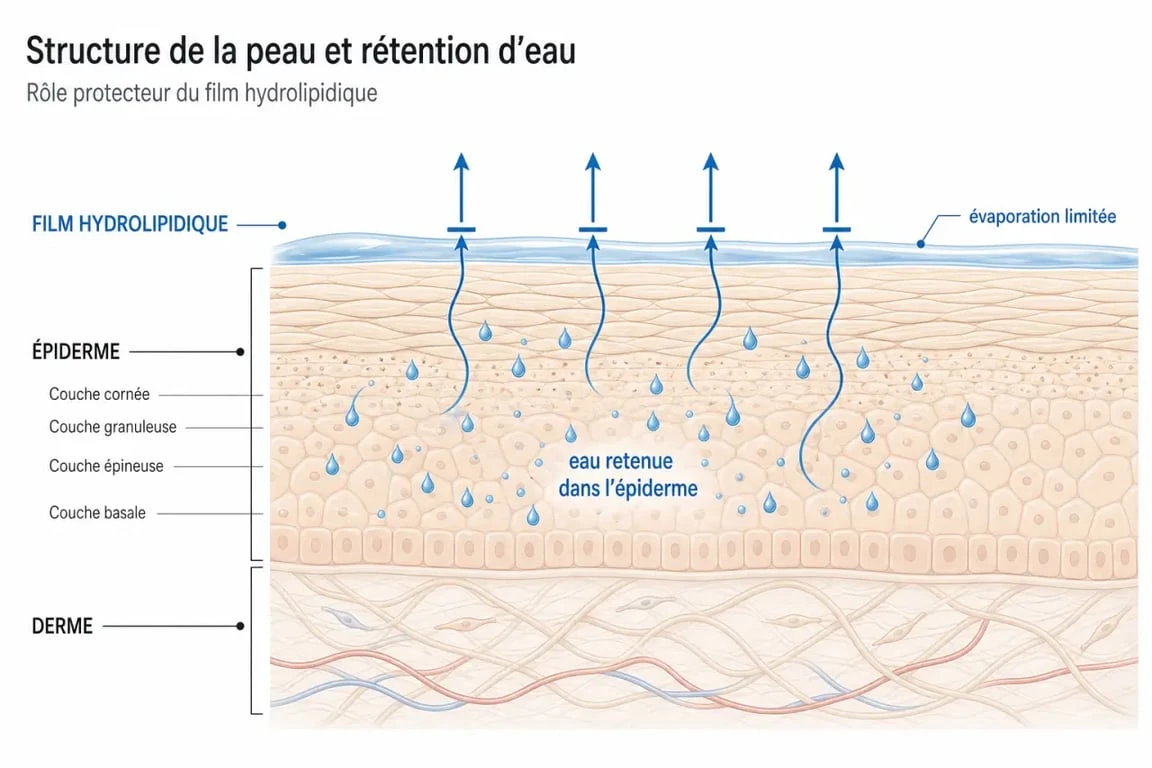 Schéma explicatif du film hydrolipidique et de l'hydratation de la peau pour comprendre comment hydrater sa peau efficacement.