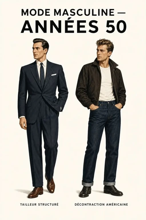 Hommes années 50 : silhouettes masculines en costume structuré et blouson de cuir, style éditorial