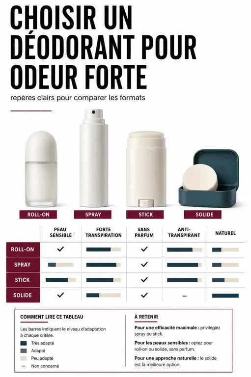 Quel déodorant pour odeur forte femme : comparaison visuelle des formats et critères de choix