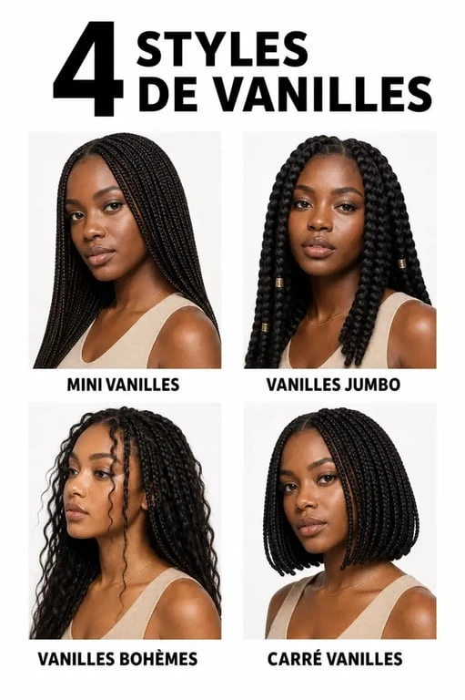 Différents styles de tresses vanille : mini, jumbo, boho et bob twists pour cheveux naturels