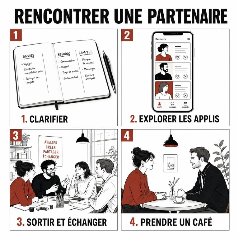 Comment trouver une amoureuse : illustration des étapes pour clarifier ses critères, créer des occasions de rencontre et passer au premier rendez-vous