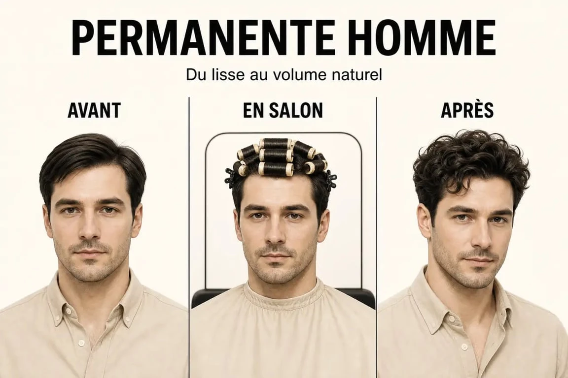 Permanente cheveux homme : avant, pose en salon et résultat final bouclé