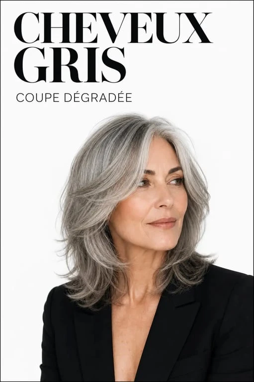 Coupe cheveux gris dégradé mi-longue en portrait éditorial