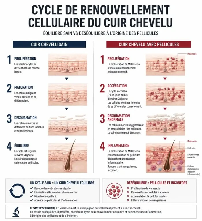 Schéma explicatif des causes des pellicules et des démangeaisons du cuir chevelu