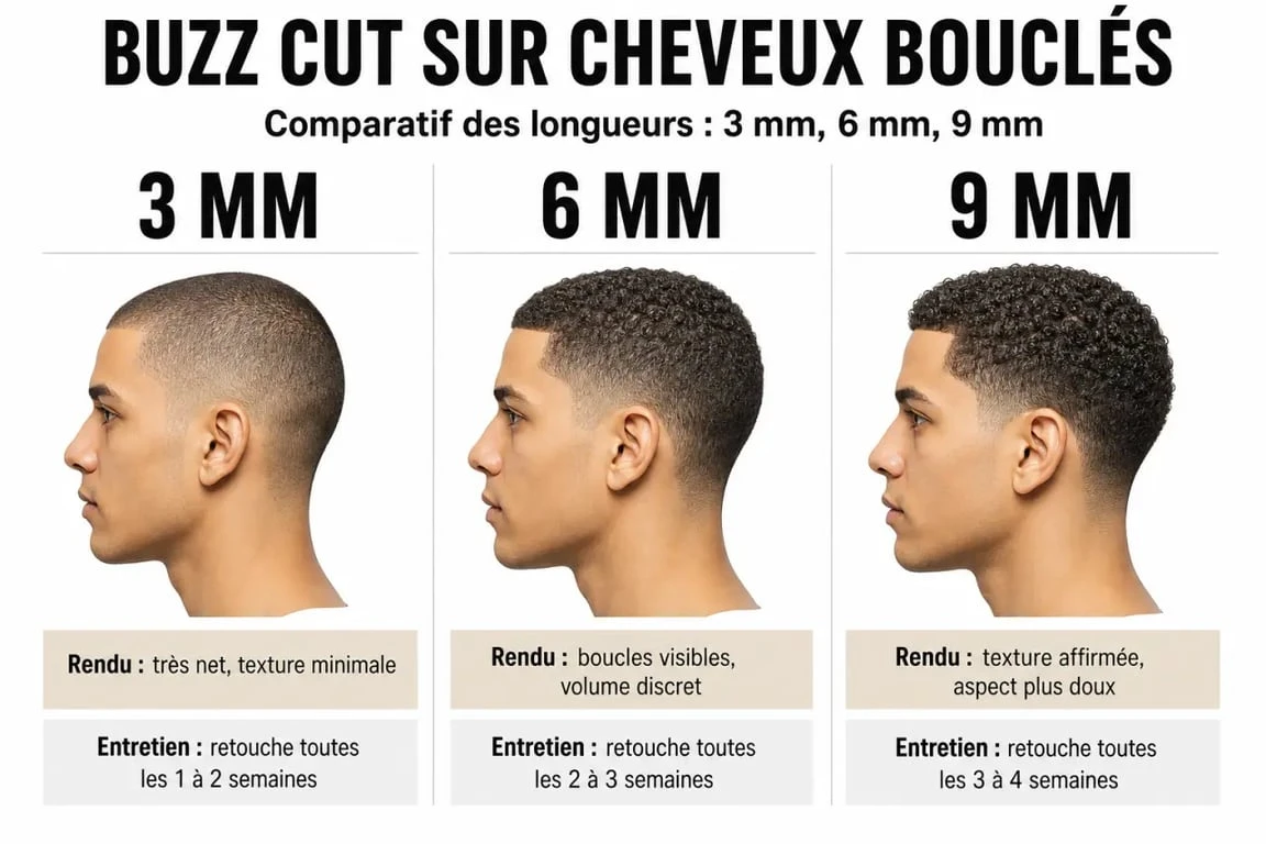 Infographie comparative des longueurs de buzz cut pour cheveux bouclés : 3mm, 6mm et 9mm