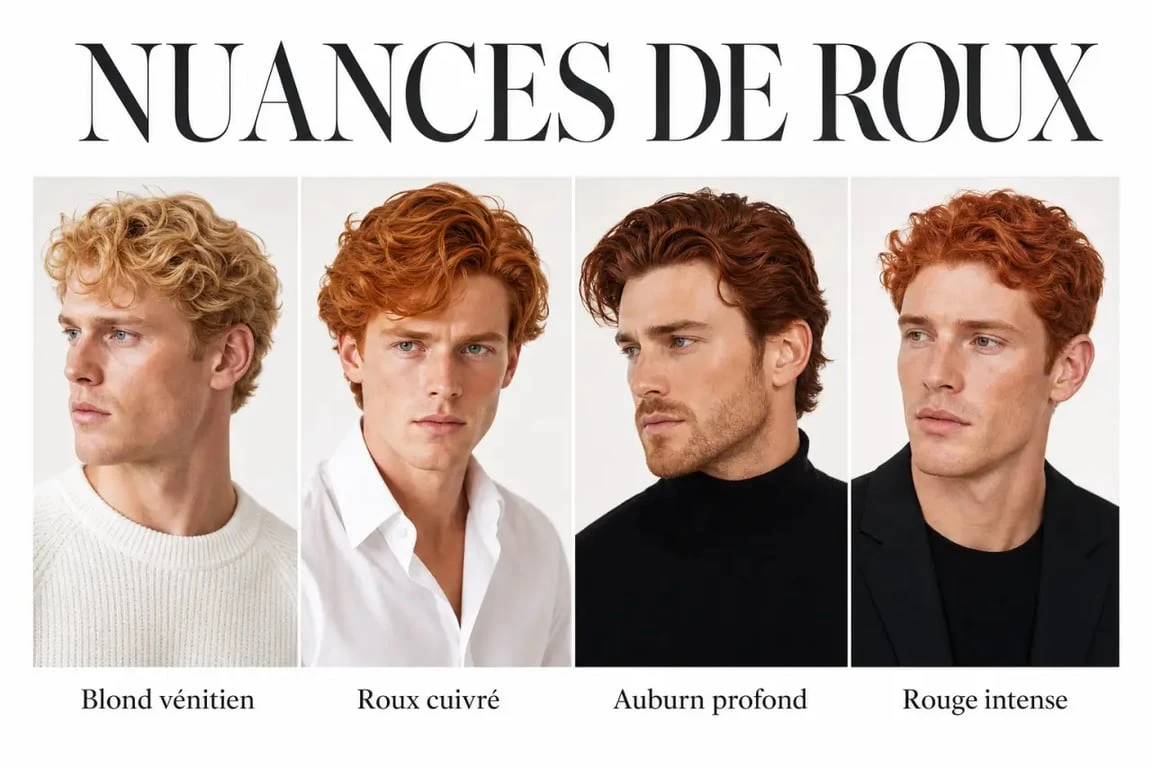 Différentes nuances de cheveux roux pour homme : blond vénitien, cuivré, auburn et rouge intense.