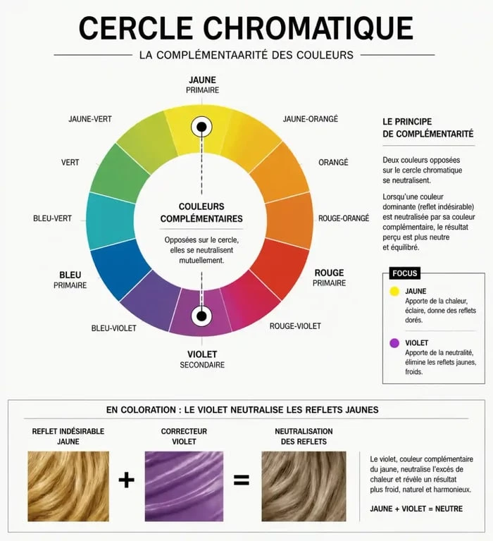 Schéma explicatif du mécanisme de neutralisation des reflets jaunes par le meilleur shampoing déjaunisseur
