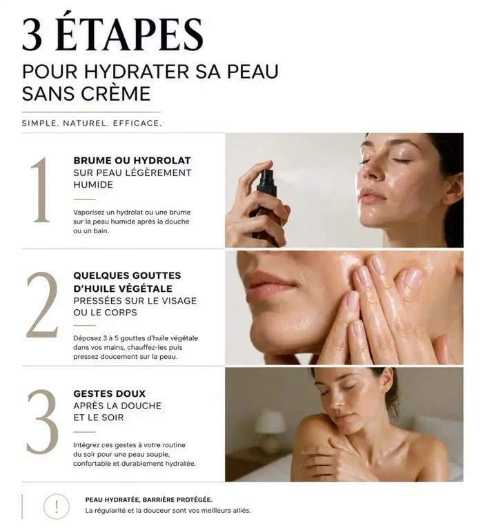 Comment hydrater sa peau sans crème avec une routine simple : brume, huile végétale et gestes après la douche
