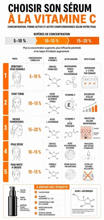 Meilleur sérum vitamine C : infographie comparative des types de peau, concentrations et critères de choix