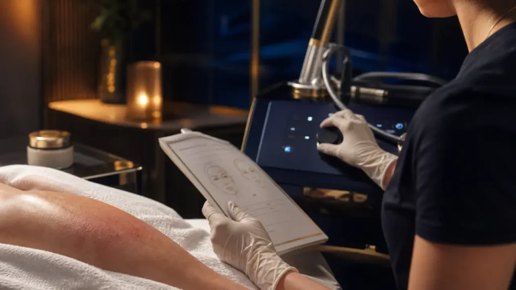 Épilation définitive au laser : esthéticienne règle la machine en cabine