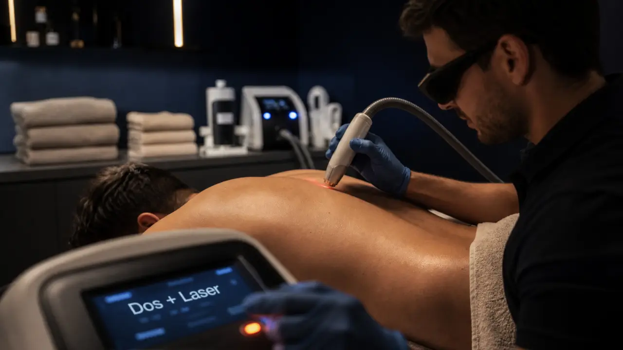 Épilation laser homme dos : séance avec applicateur et lunettes