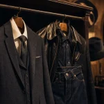 Costume hommes annees 50 et blouson cuir, style vintage.