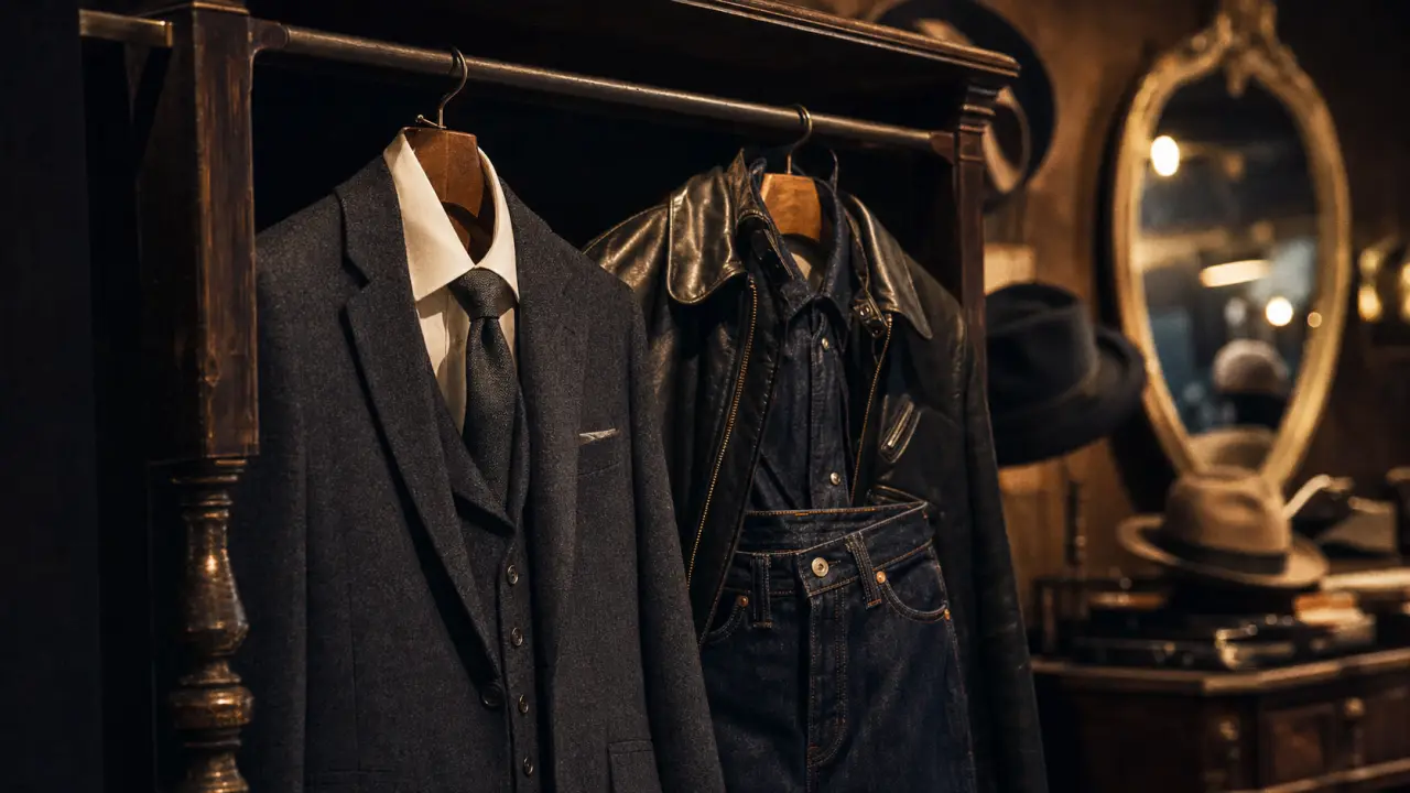 Costume hommes annees 50 et blouson cuir, style vintage.