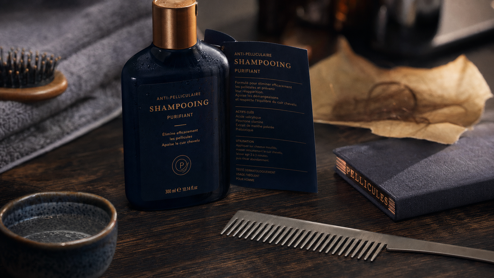 Meilleur shampoing anti pelliculaire sur table bois, peigne et pellicules