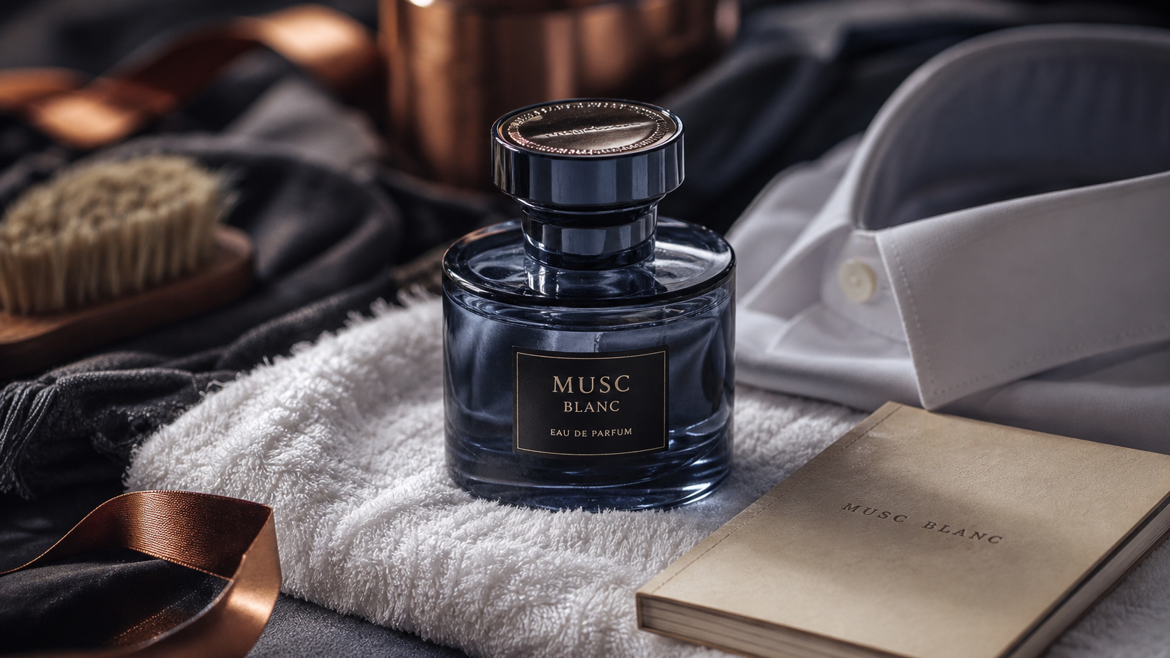 Muscs blancs : flacon parfum sur serviette blanche