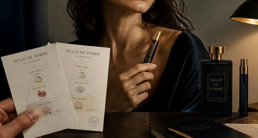 Parfum eclat de femme, yuzu-grenade et phéromones, flacon 10 ml près du cou